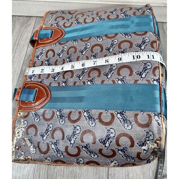 CELINE Macadam Pattern Shoulder Bag Tote  AUTHENTIC! Brown Logo Aqua Handles - Picture 15 of 16